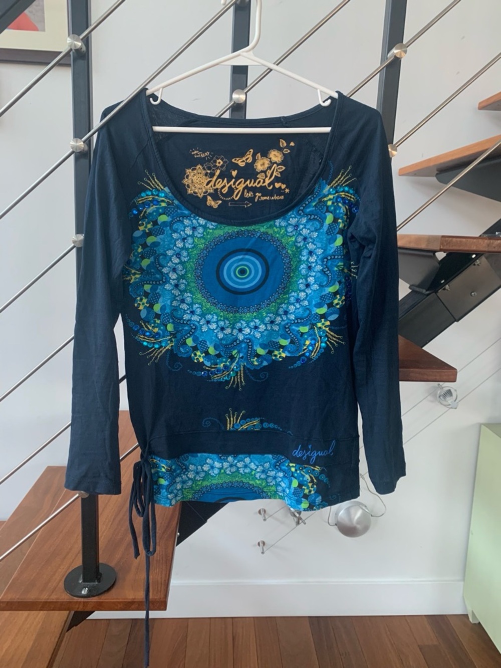 Desigual Navy Blue Long Sleeve Scoop Neck Top with Blue & Green Mandala Print